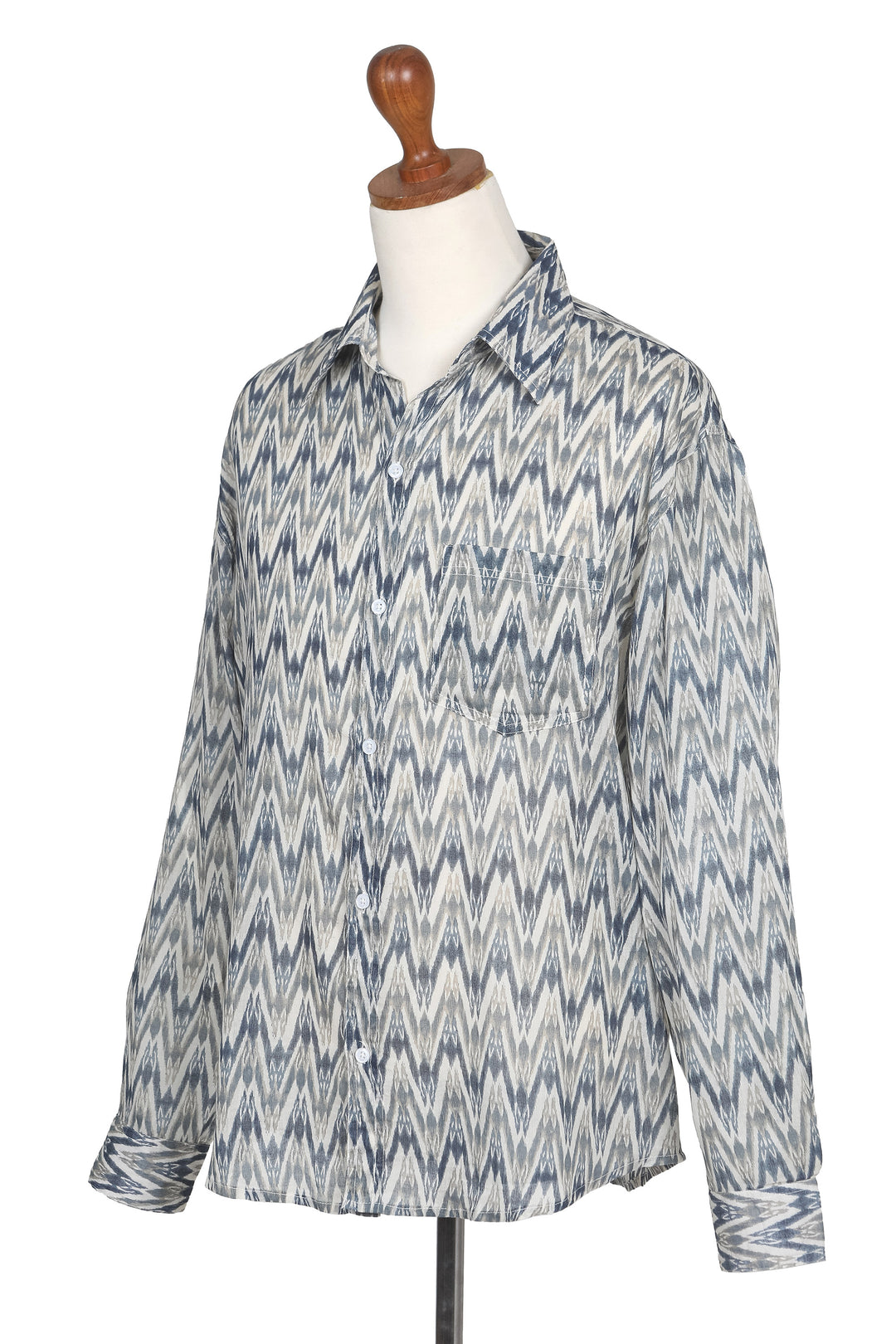 India Ikat Print Blue Cotton Men's Shirt with Long Sleeves - Ikat Stories