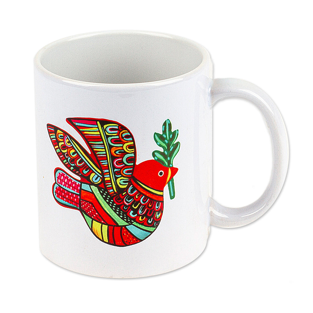 Ceramic Mug with a Hand-Painted Red Dove from Mexico - Red Peace Dove