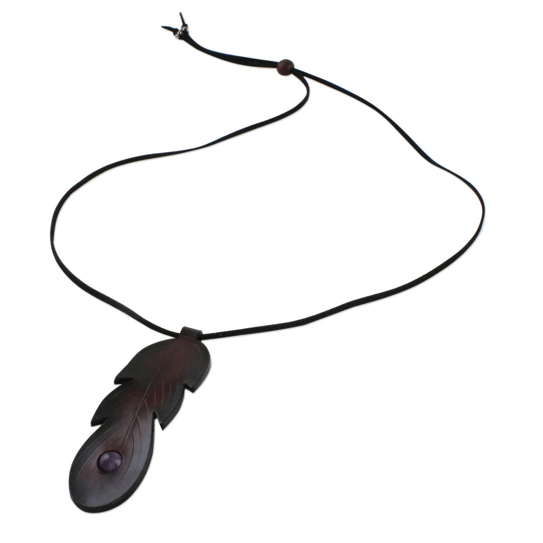 Brown Leather Feather Pendant Necklace with Amethyst - Feather Spirit