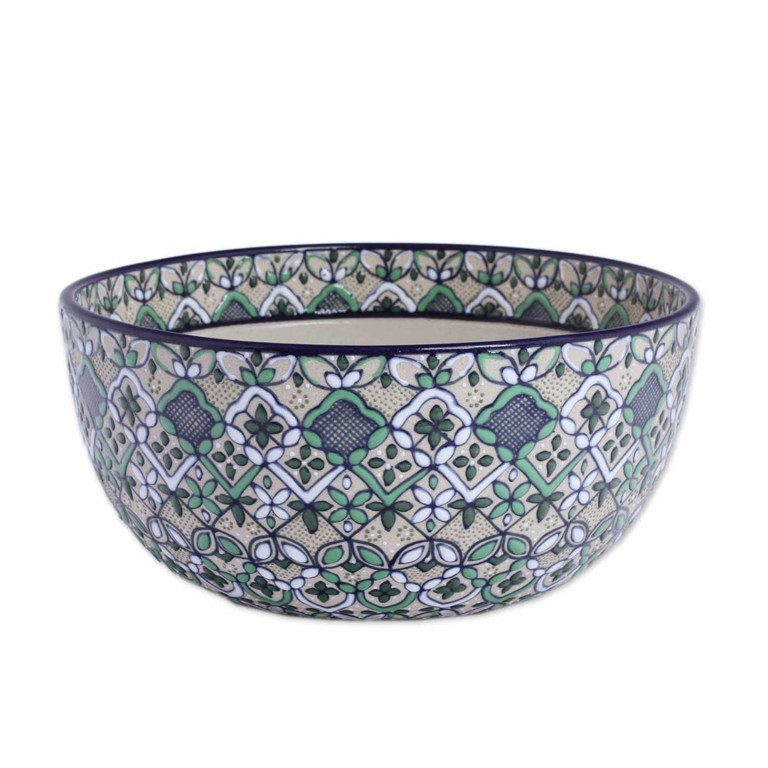 Hand-Painted Ceramic Serving Bowl in Green from Mexico - Green Valley