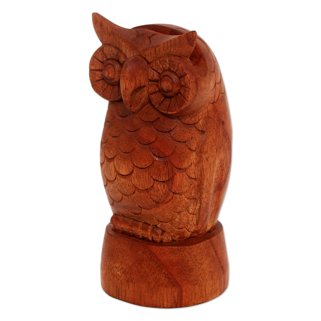Owl-Shaped Jempinis Wood Eyeglasses Holder from Bali - Wise Owl