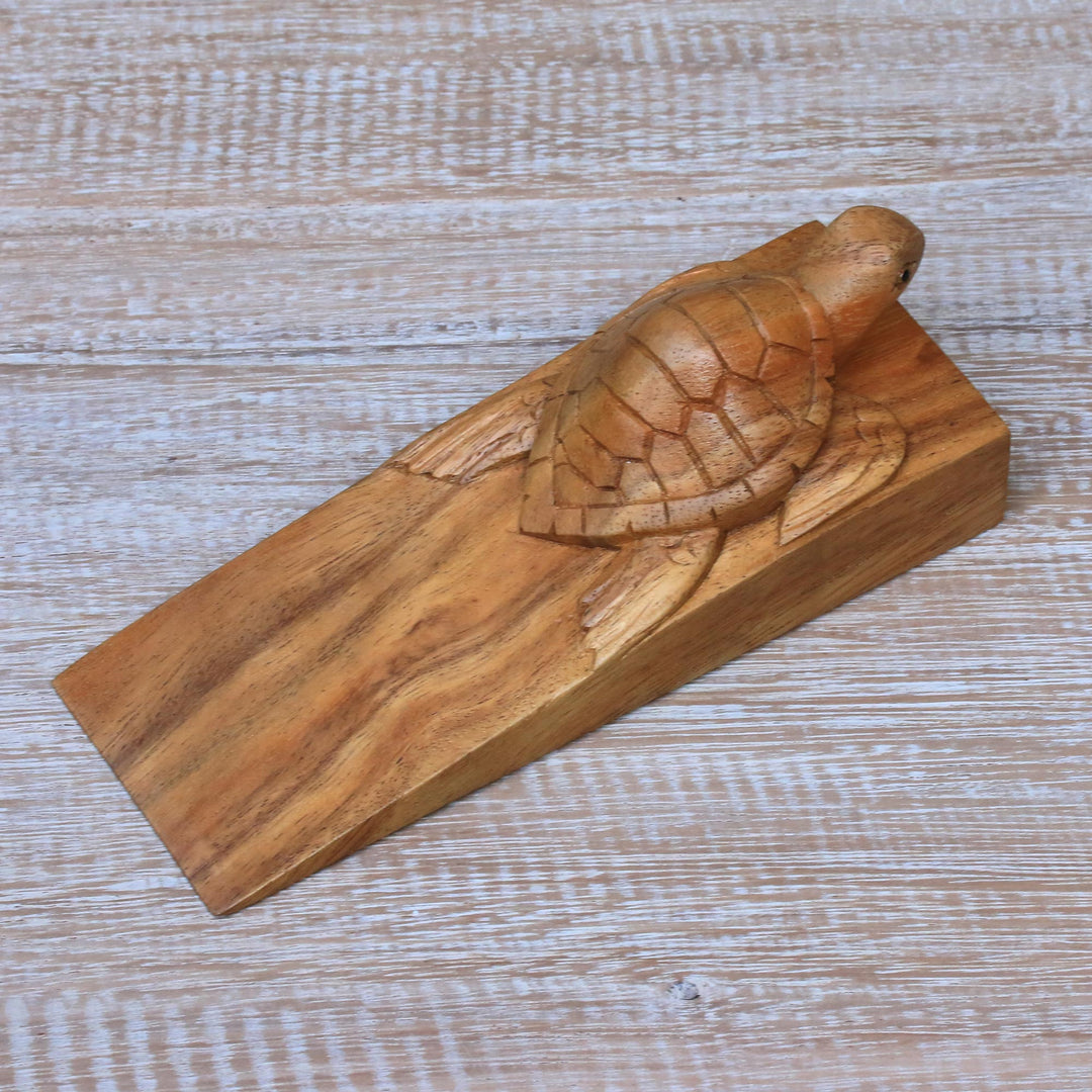 Baby Turtle Suar Wood Door Stopper from Bali - Baby Turtle
