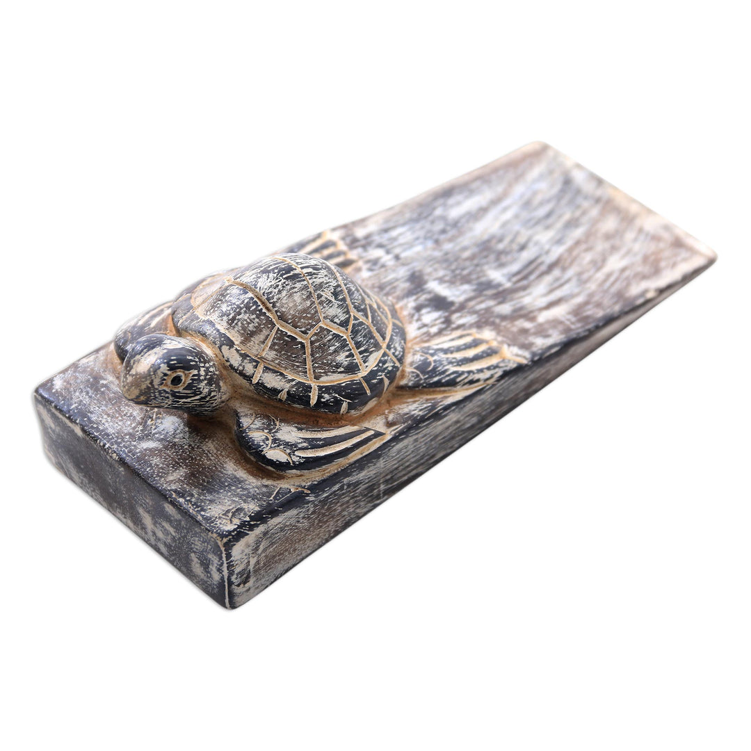 Whitewashed Baby Turtle Suar Wood Door Stopper from Bali - Whitewashed Baby Turtle