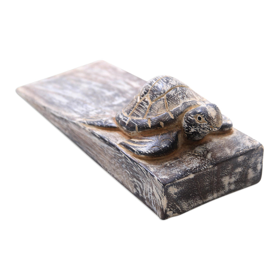 Whitewashed Baby Turtle Suar Wood Door Stopper from Bali - Whitewashed Baby Turtle