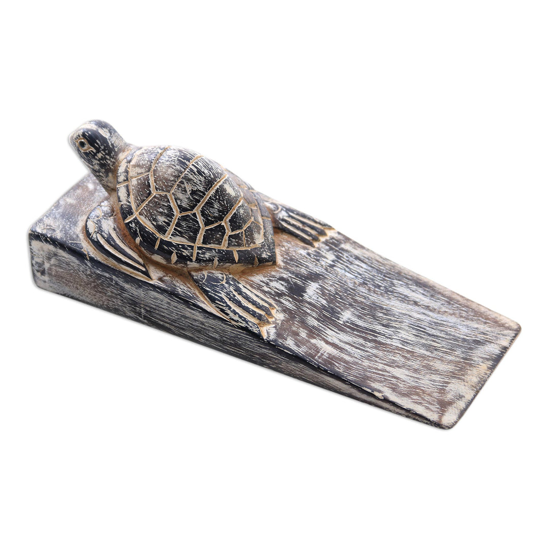 Whitewashed Baby Turtle Suar Wood Door Stopper from Bali - Whitewashed Baby Turtle