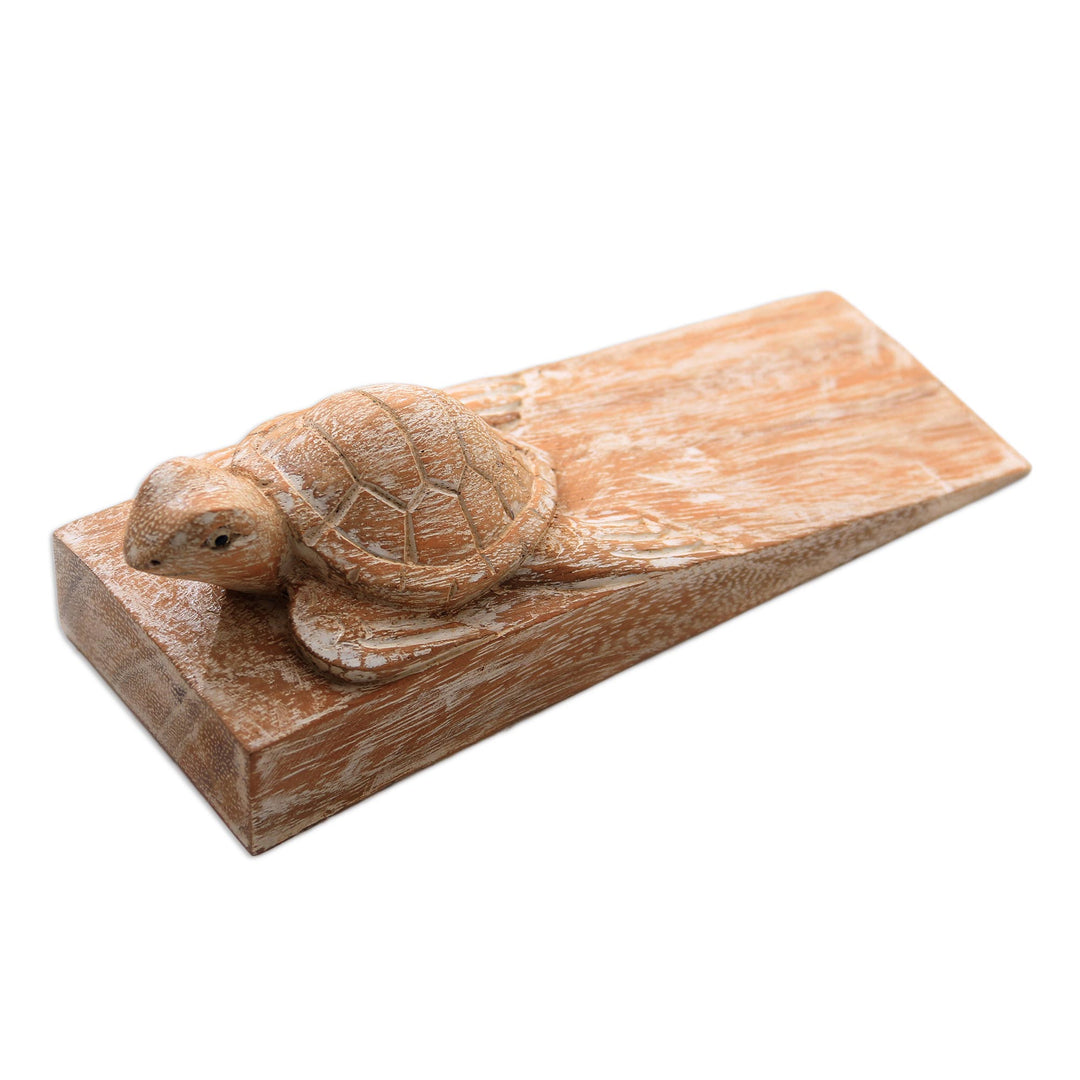 Distressed Baby Turtle Suar Wood Door Stopper from Bali - Distressed Baby Turtle