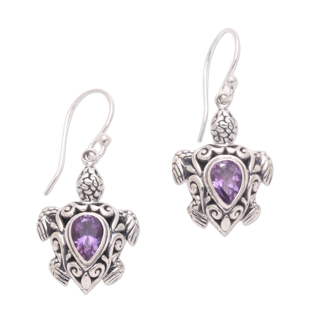 Sterling Silver Amethyst Openwork Sea Turtle Dangle Earrings - Penyu Paradise