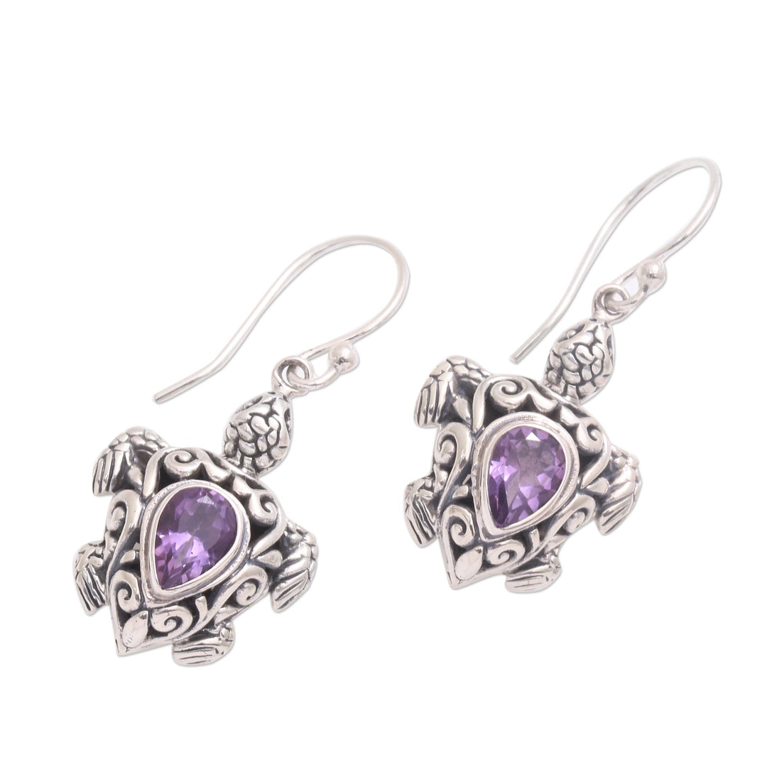 Sterling Silver Amethyst Openwork Sea Turtle Dangle Earrings - Penyu Paradise