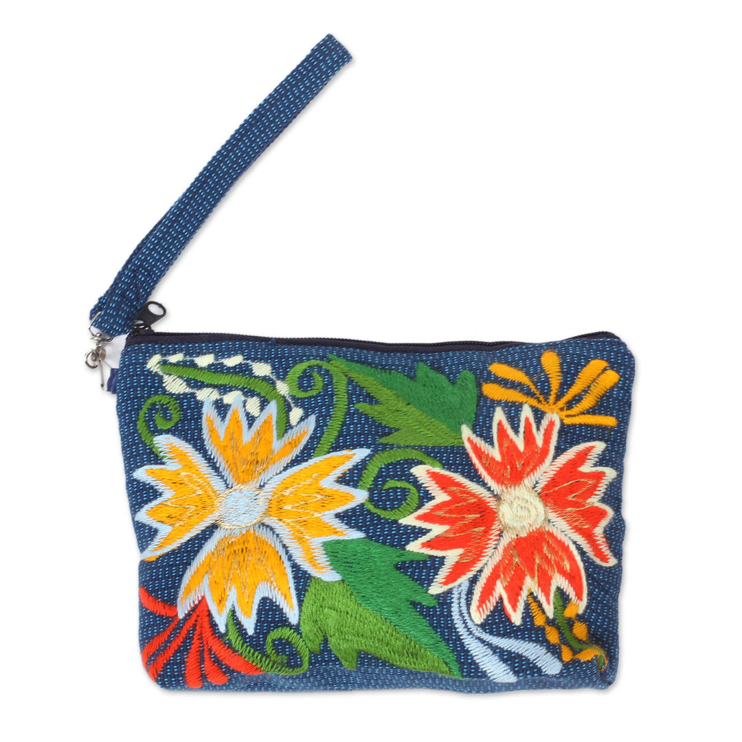 Floral Embroidered Cotton Cosmetic Bag from Mexico - Flowers of Zinacantan