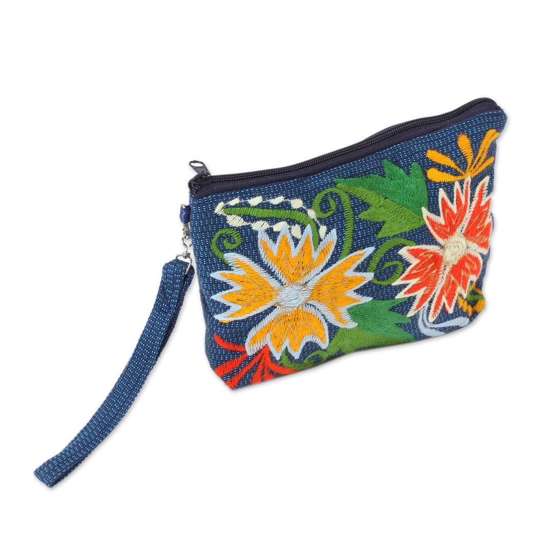 Floral Embroidered Cotton Cosmetic Bag from Mexico - Flowers of Zinacantan