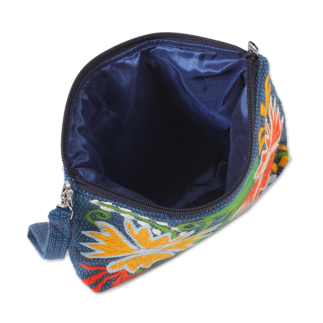 Floral Embroidered Cotton Cosmetic Bag from Mexico - Flowers of Zinacantan