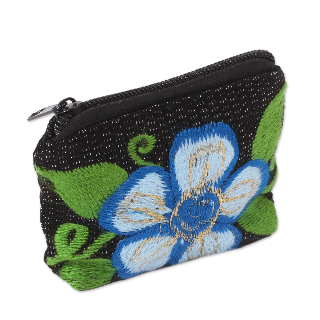 Floral Embroidered Cotton Coin Purse from Mexico - Exalted Flower