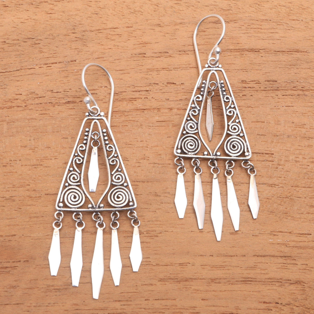 Triangular Sterling Silver Chandelier Earrings from Bali - Divine Dangle