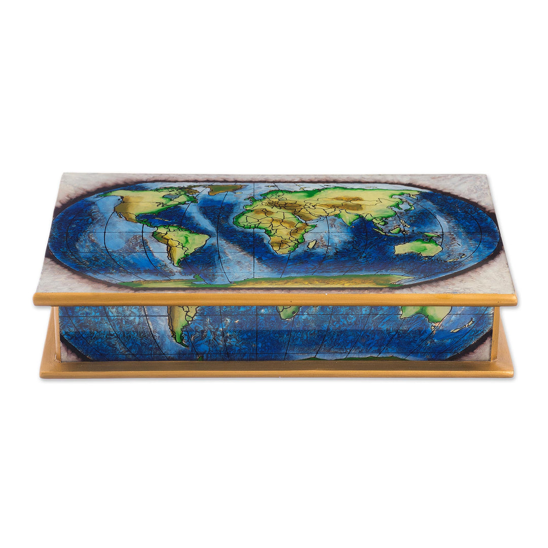 Map of the World Reverse-Painted Glass Wood Decorative Box - World View