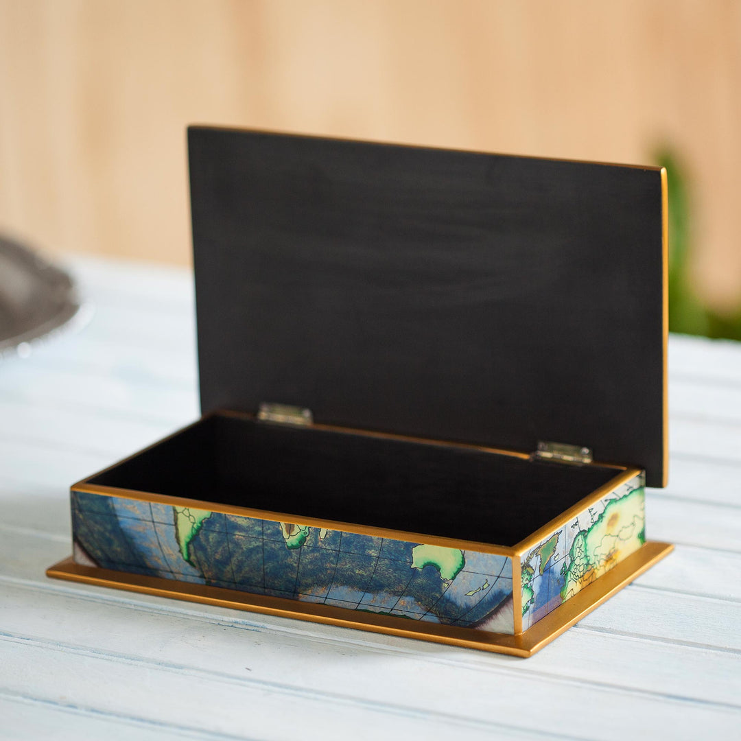 Map of the World Reverse-Painted Glass Wood Decorative Box - World View