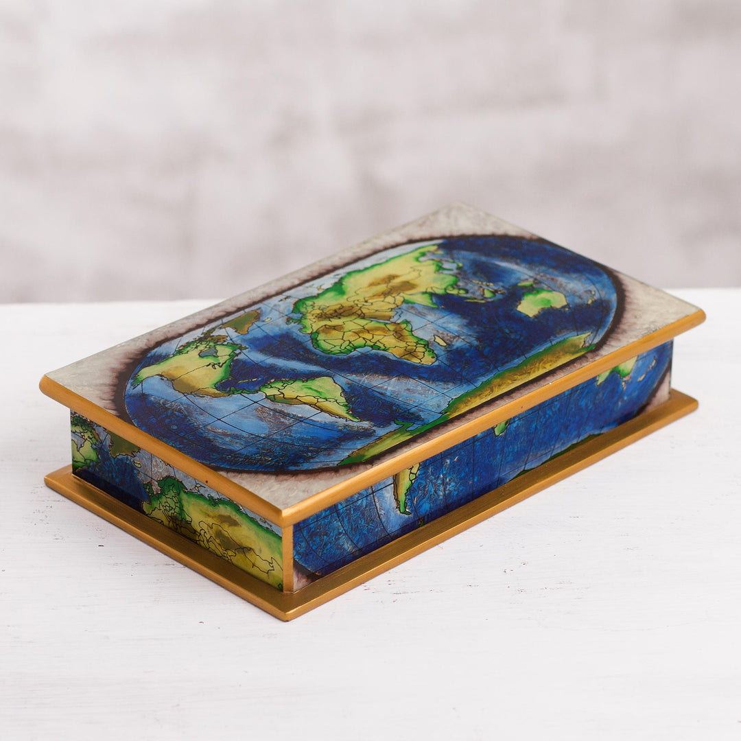 Map of the World Reverse-Painted Glass Wood Decorative Box - World View