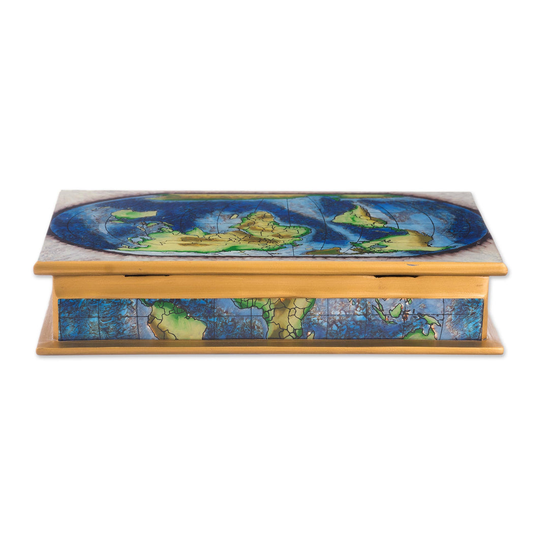 Map of the World Reverse-Painted Glass Wood Decorative Box - World View