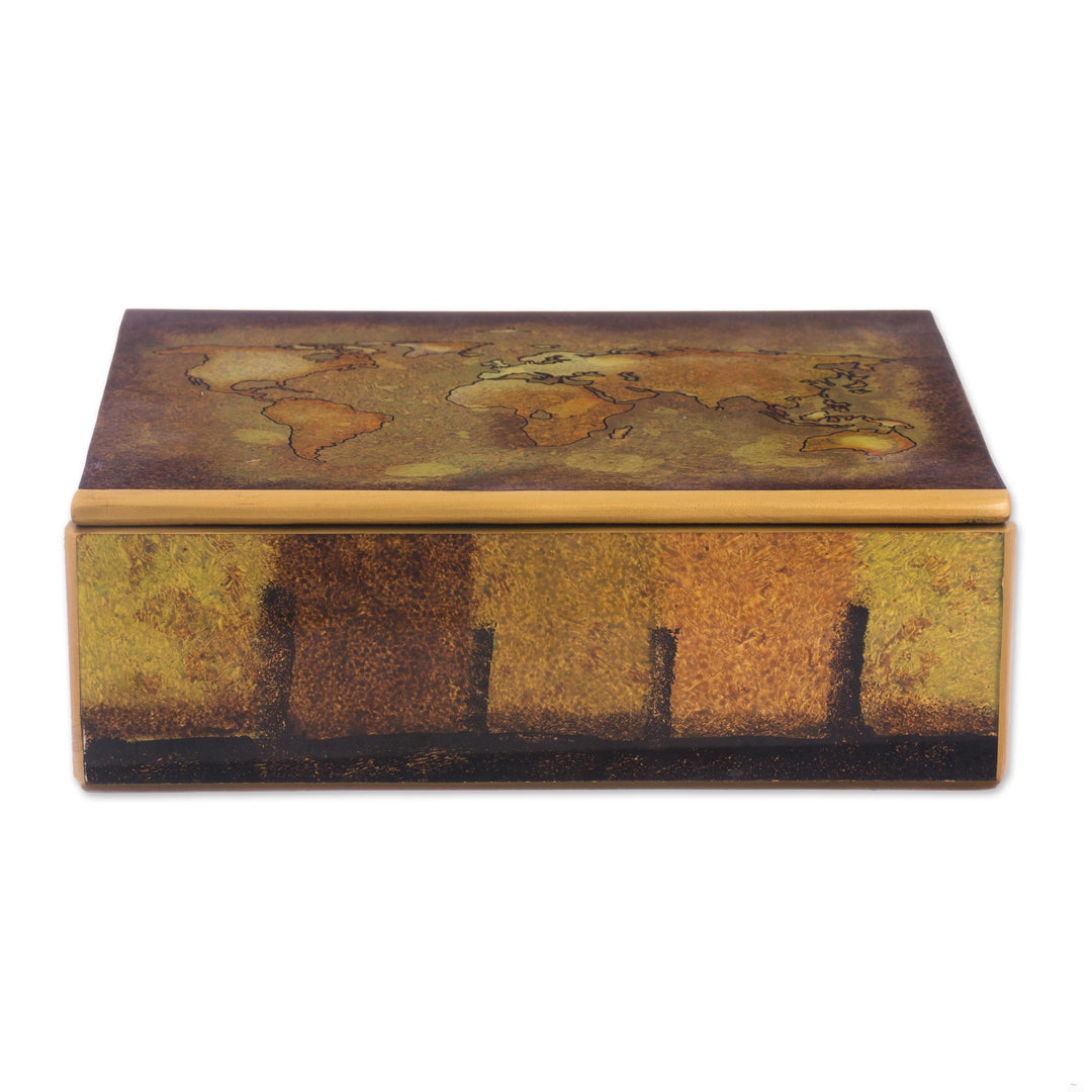 Golden World Map Reverse-Painted Glass Wood Decorative Box - Cartographer's Treasure