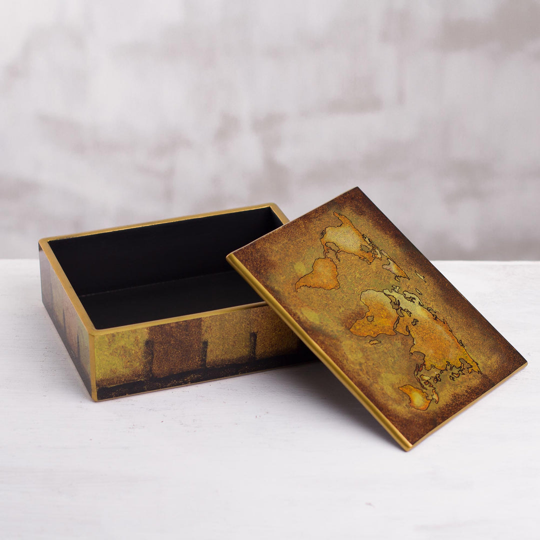 Golden World Map Reverse-Painted Glass Wood Decorative Box - Cartographer's Treasure