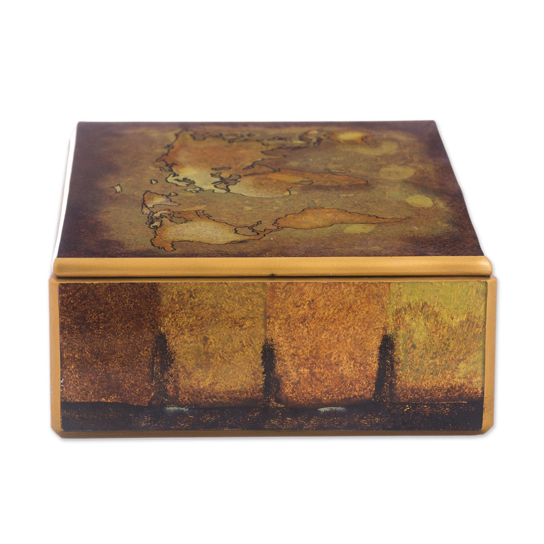 Golden World Map Reverse-Painted Glass Wood Decorative Box - Cartographer's Treasure