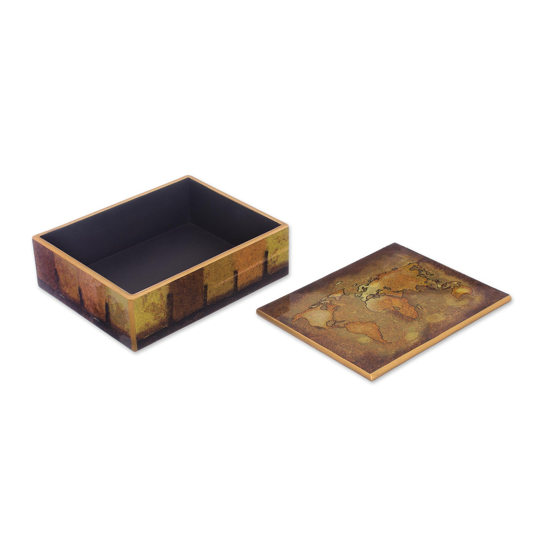 Golden World Map Reverse-Painted Glass Wood Decorative Box - Cartographer's Treasure