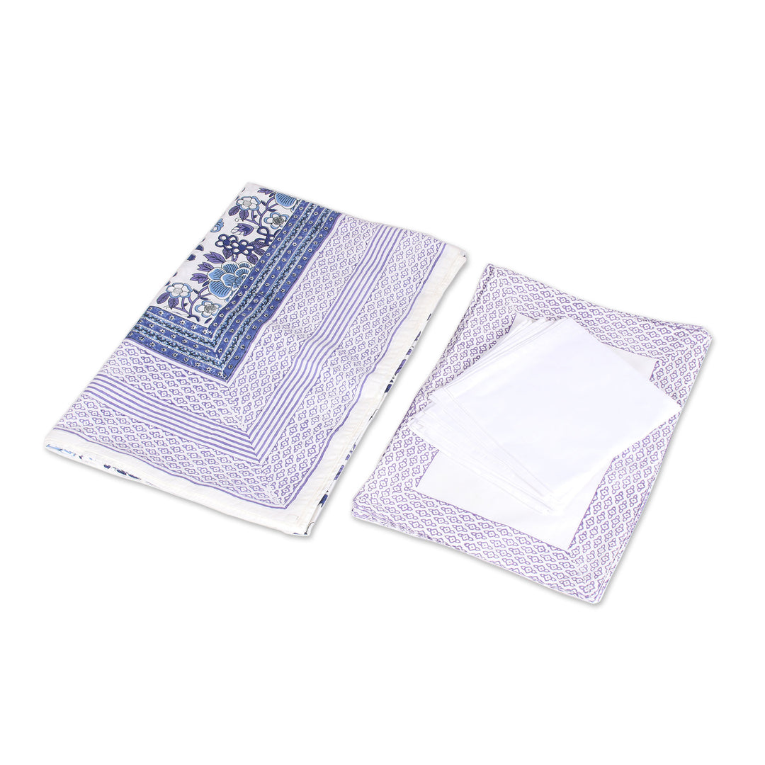 Floral Cotton Table Linen Set in Blue from India (Set for 6) - Royal Garden