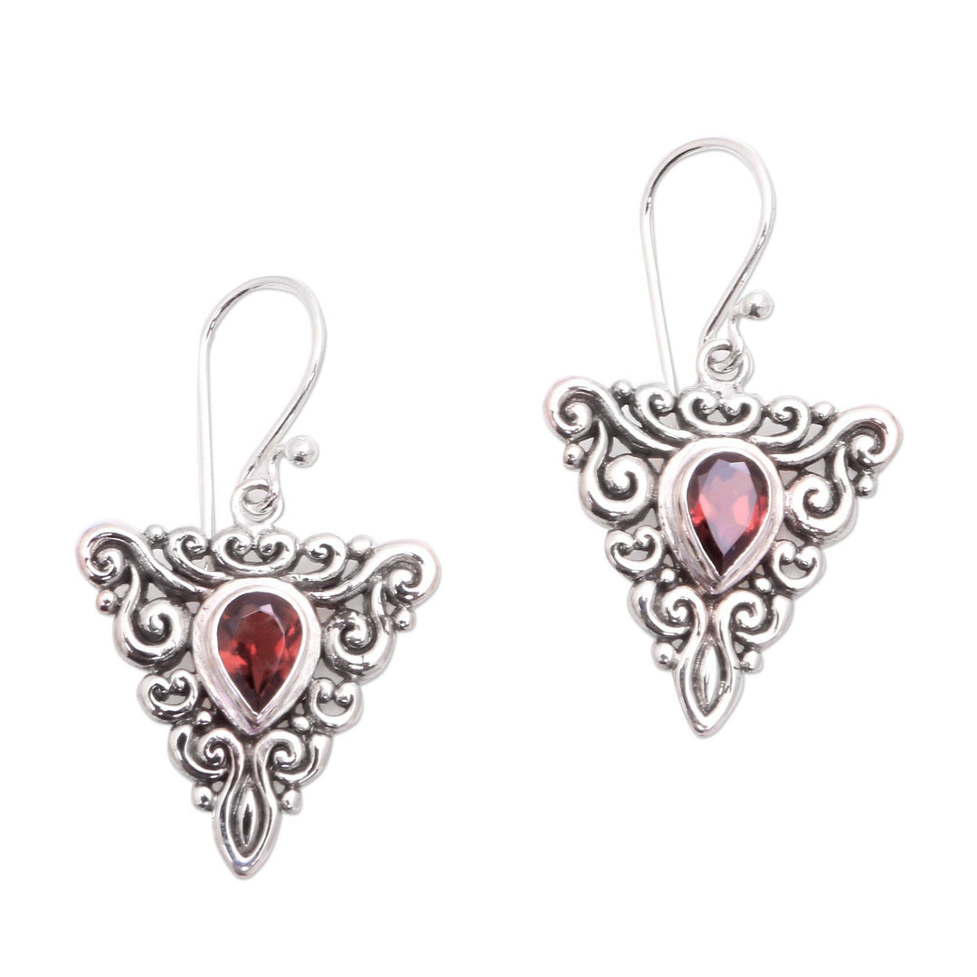 Triangular Garnet Dangle Earrings from Bali - Triangle Tendrils