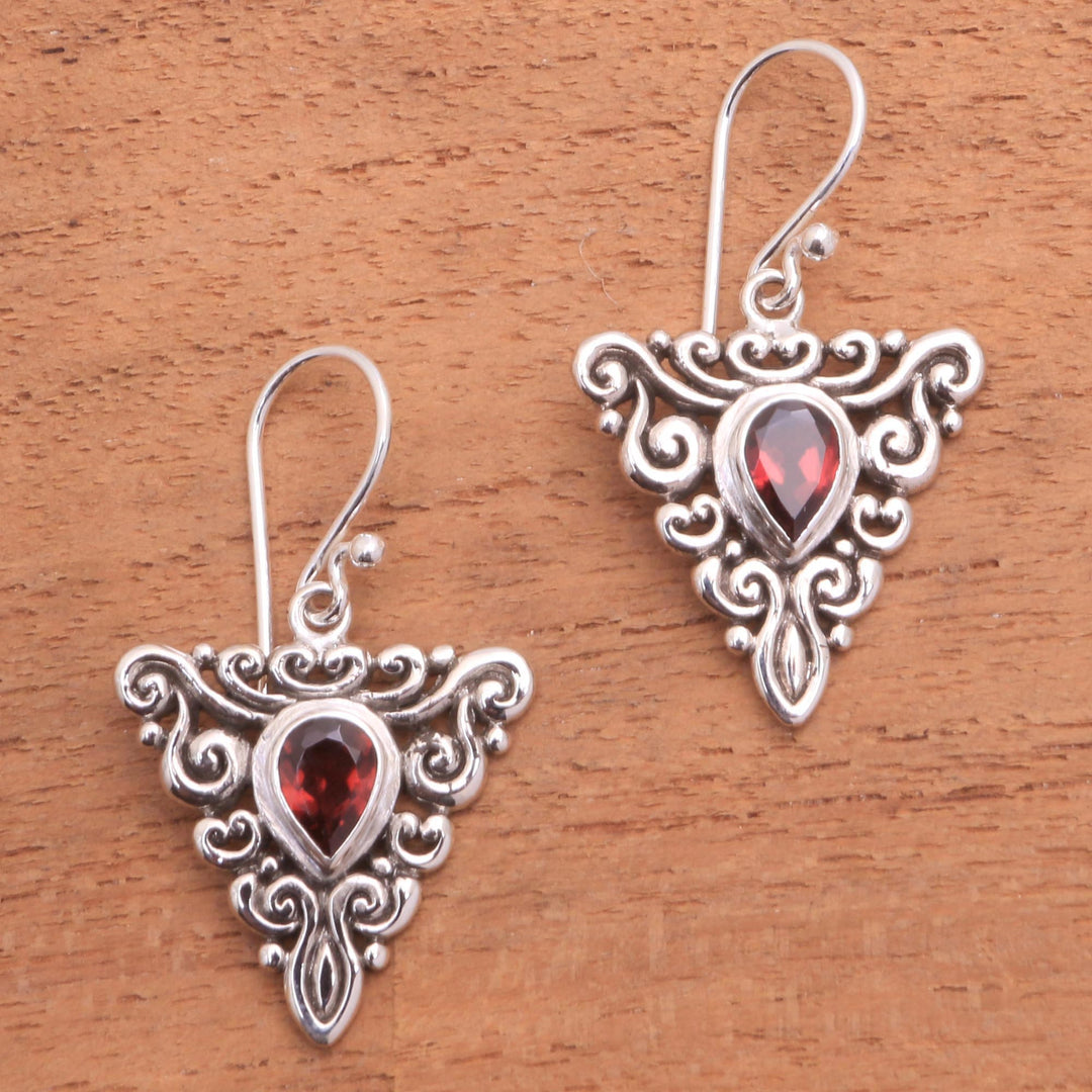 Triangular Garnet Dangle Earrings from Bali - Triangle Tendrils