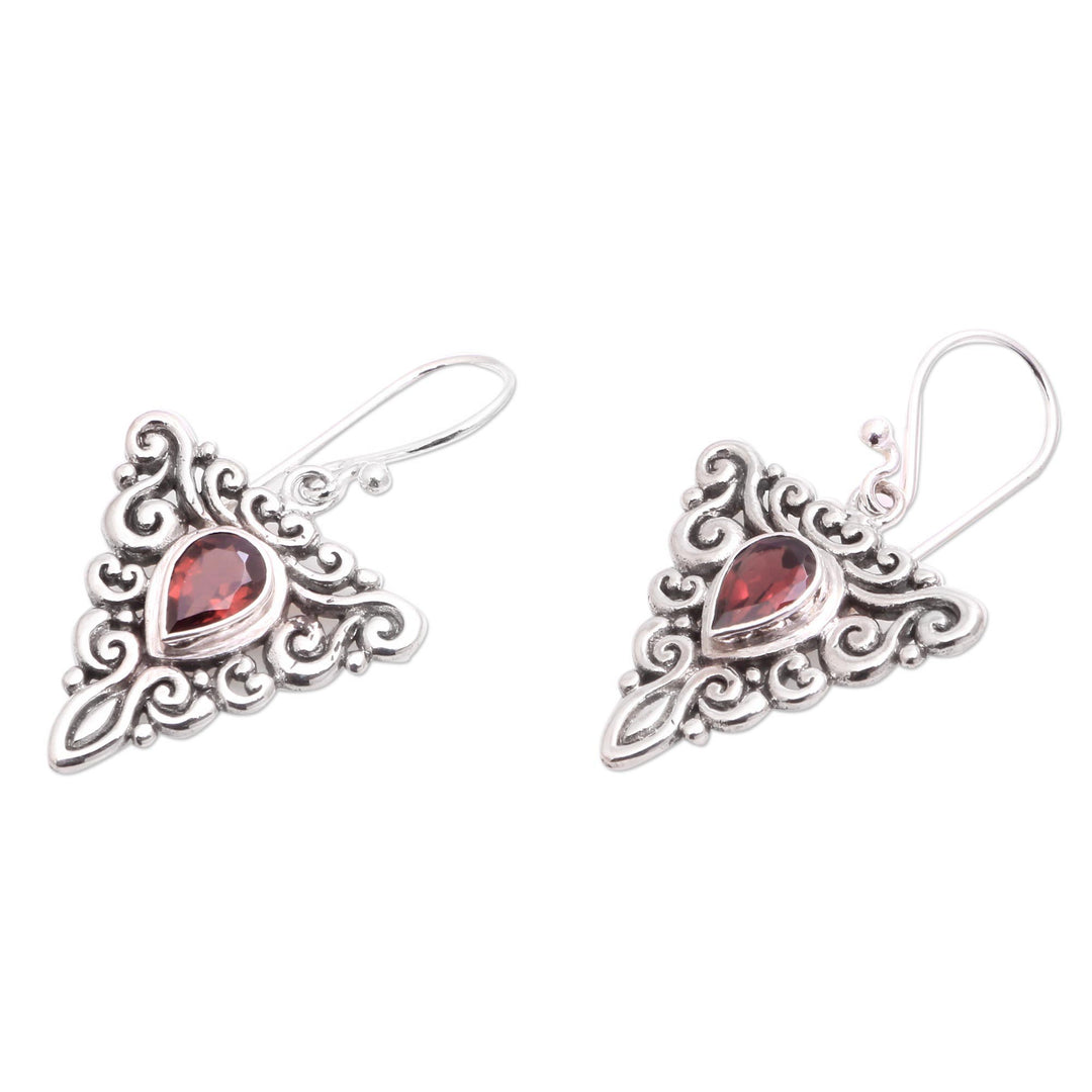 Triangular Garnet Dangle Earrings from Bali - Triangle Tendrils