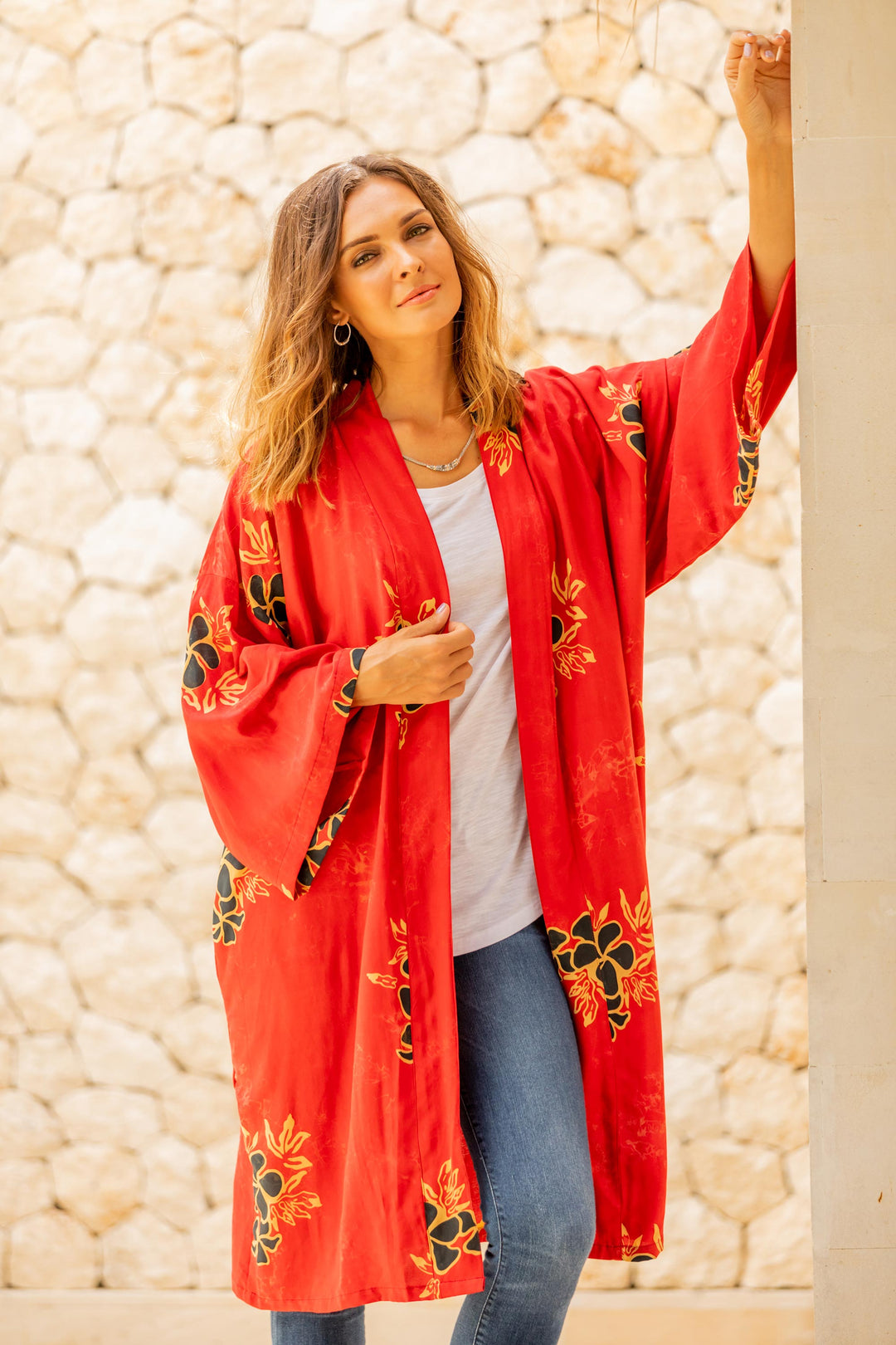 Crimson Rayon Robe with Black Floral Motifs from Bali - Crimson Floral