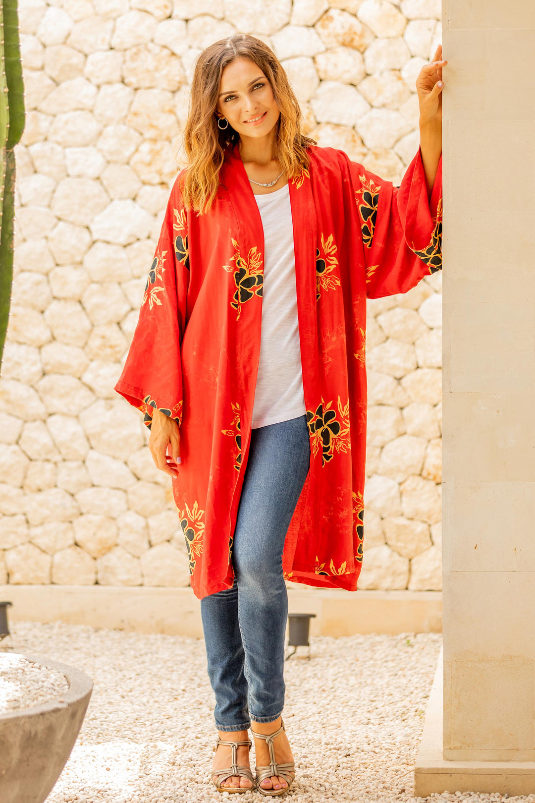Crimson Rayon Robe with Black Floral Motifs from Bali - Crimson Floral