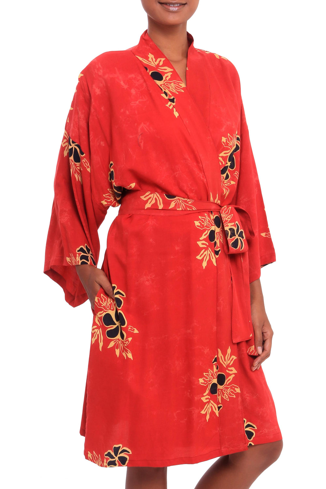 Crimson Rayon Robe with Black Floral Motifs from Bali - Crimson Floral
