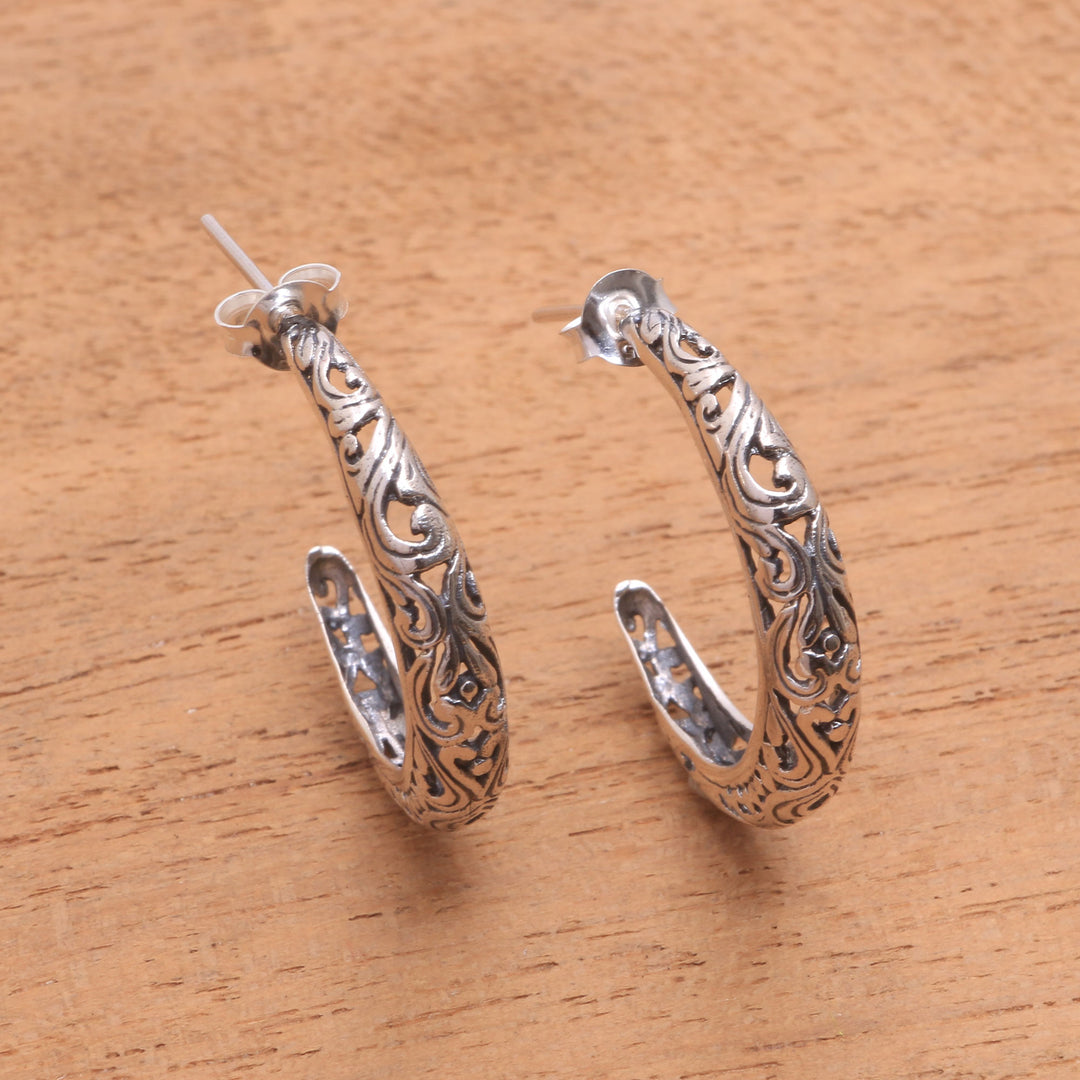 Vine Motif Sterling Silver Half-Hoop Earrings from Bali - Twilight Vines