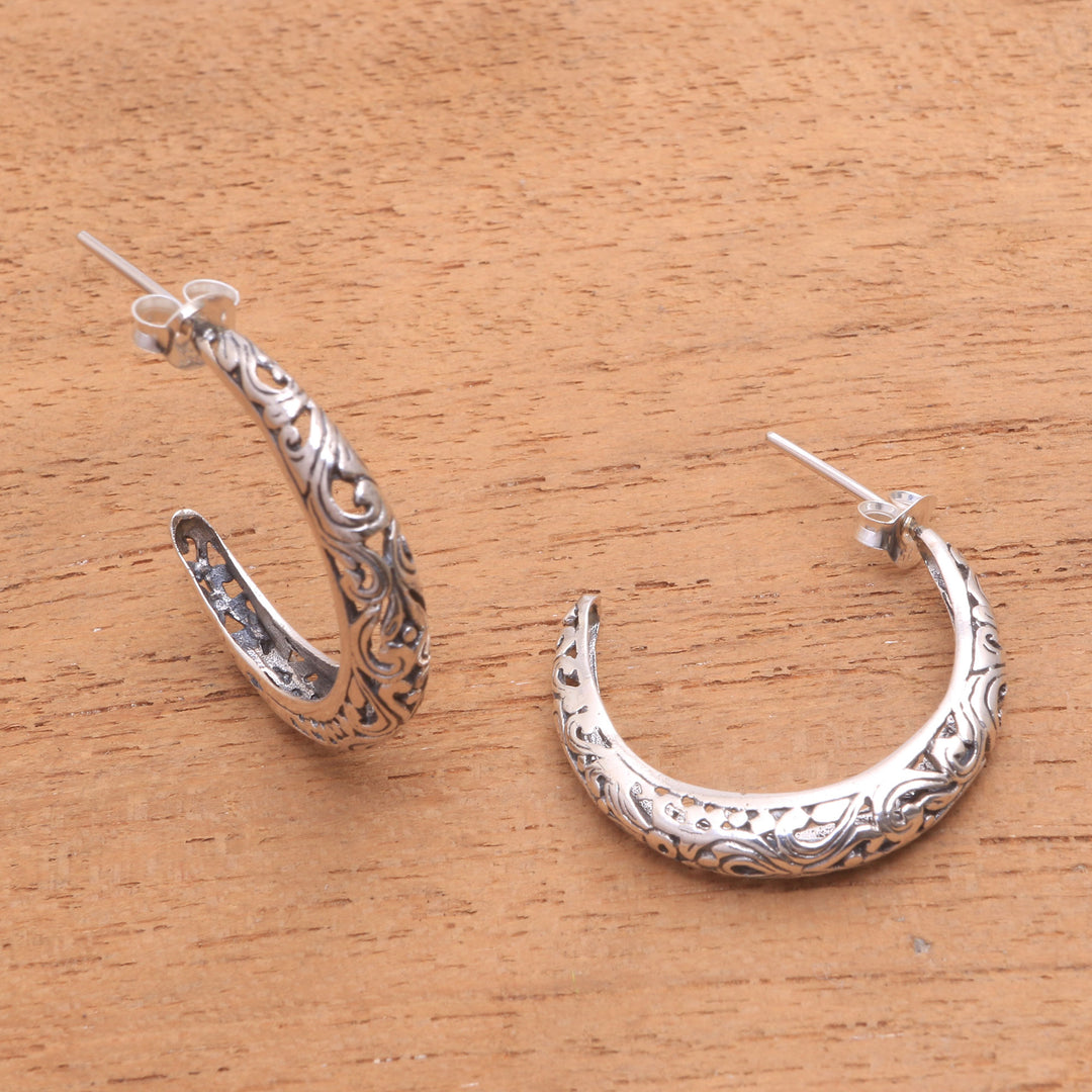 Vine Motif Sterling Silver Half-Hoop Earrings from Bali - Twilight Vines