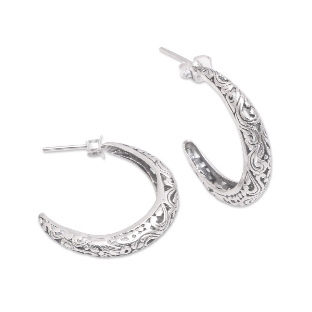 Vine Motif Sterling Silver Half-Hoop Earrings from Bali - Twilight Vines