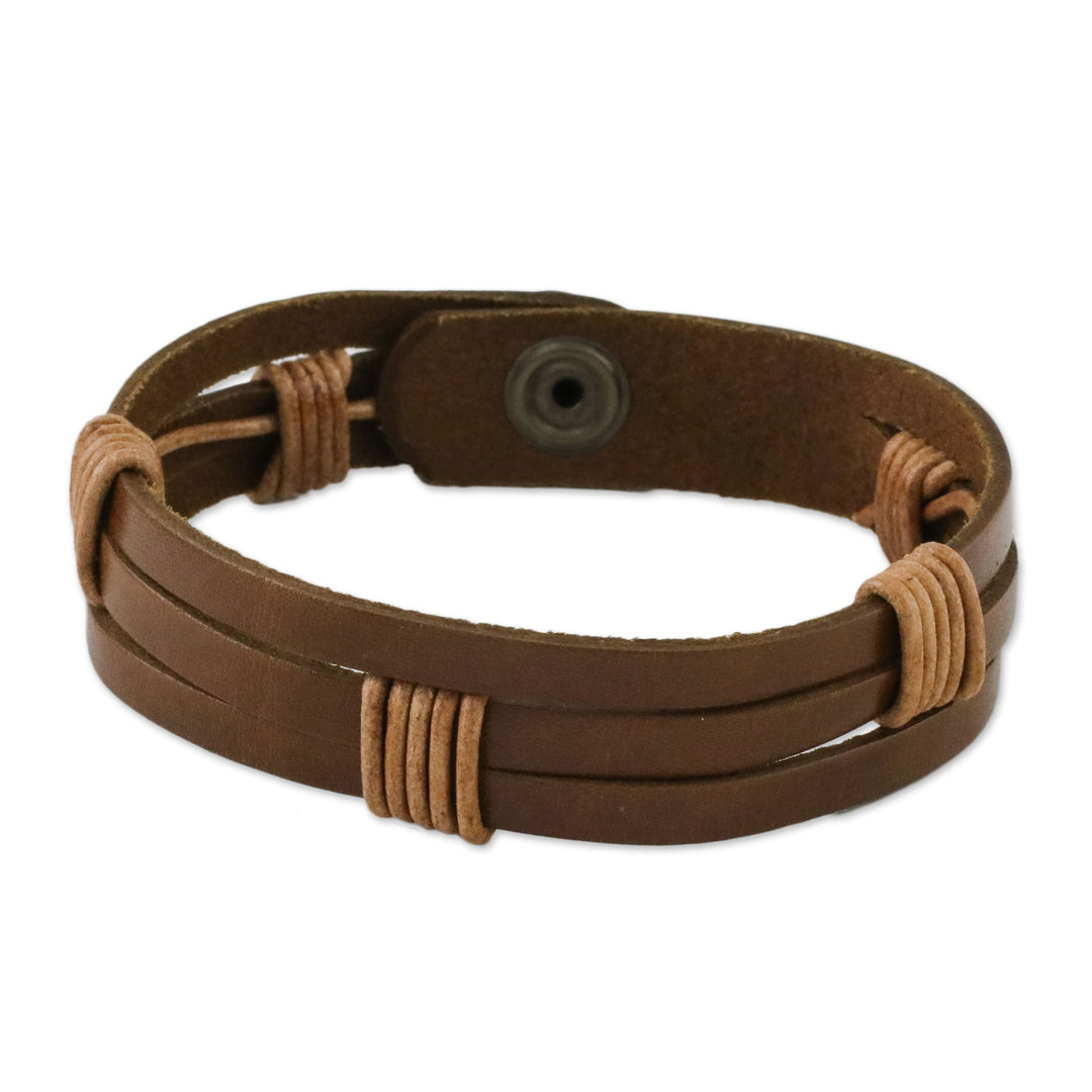 Men's Light Brown Leather Wristband Bracelet with Brass Snap - Commander in Light Brown