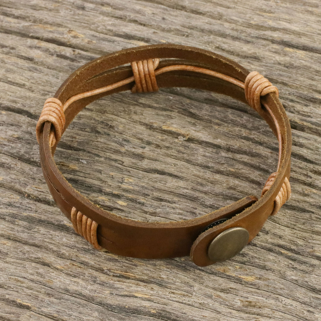 Men's Light Brown Leather Wristband Bracelet with Brass Snap - Commander in Light Brown