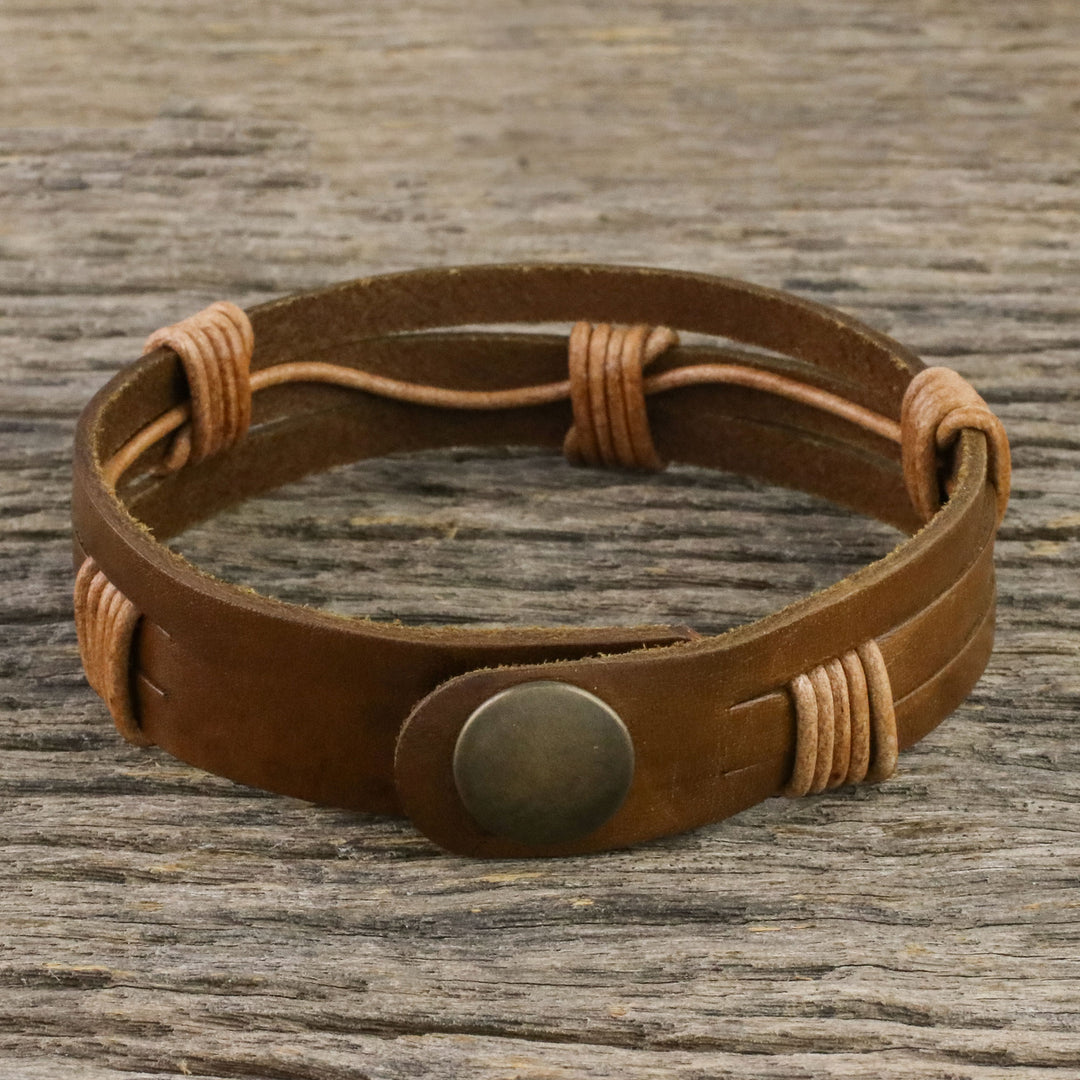 Men's Light Brown Leather Wristband Bracelet with Brass Snap - Commander in Light Brown