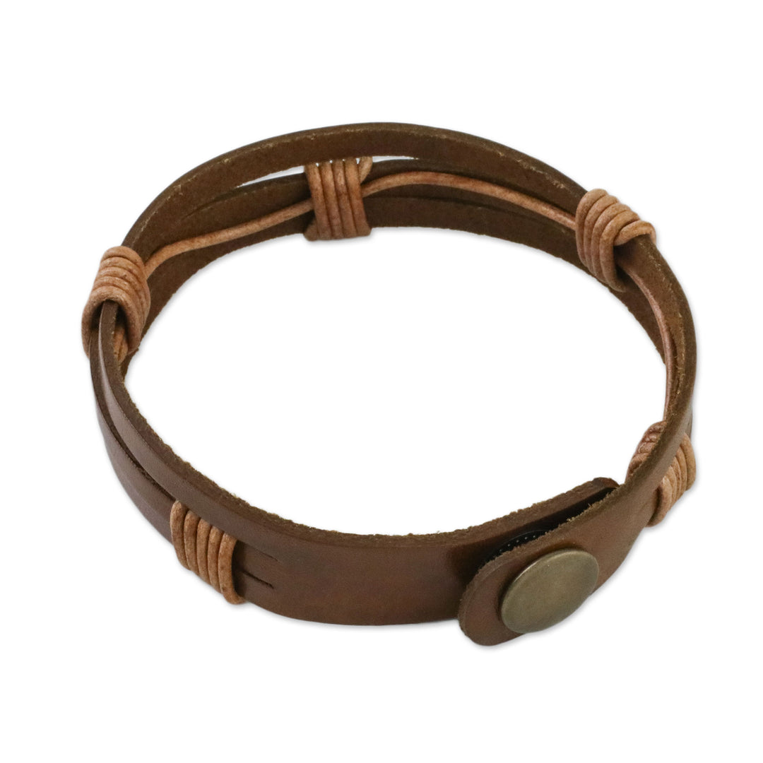 Men's Light Brown Leather Wristband Bracelet with Brass Snap - Commander in Light Brown
