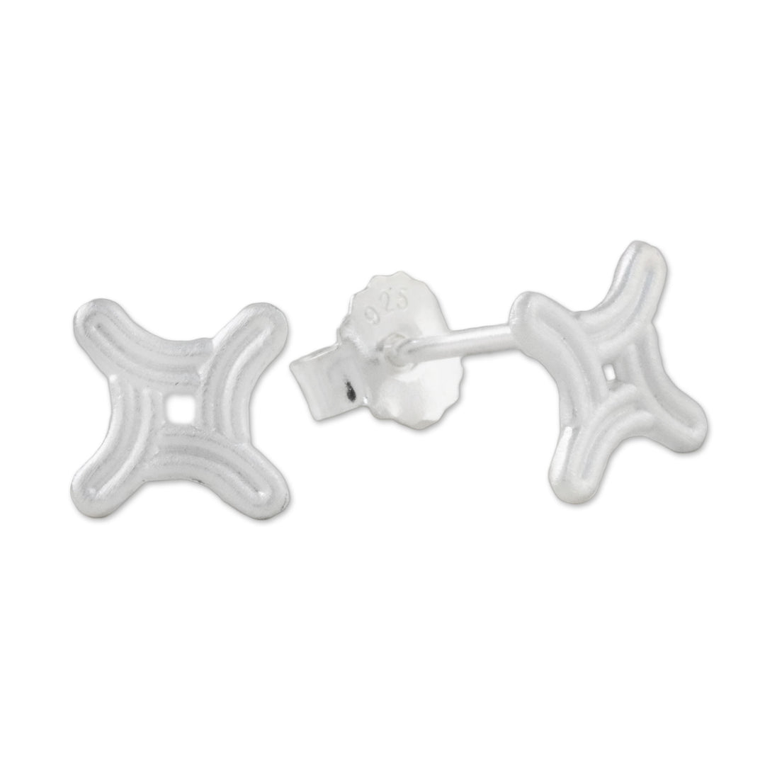 Curved Four-Sided Star Sterling Silver Stud Earrings - Winking Star