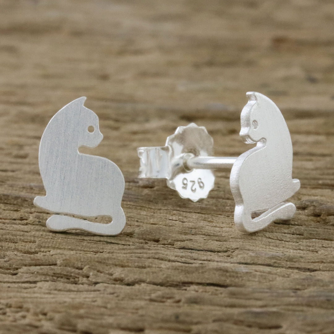 Sterling Silver Cat Stud Earrings from Thailand - Leisurely Felines