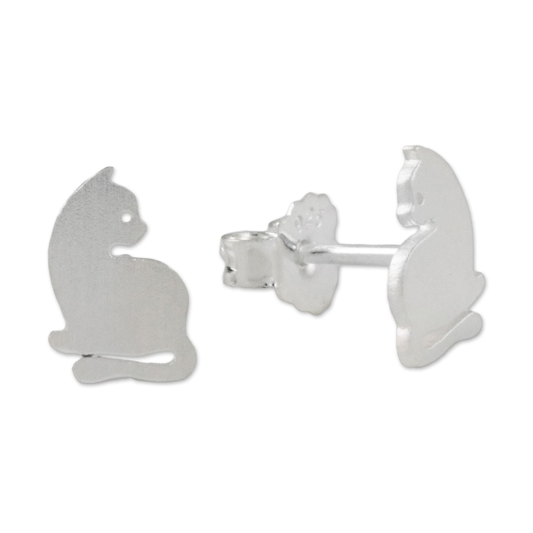 Sterling Silver Cat Stud Earrings from Thailand - Leisurely Felines