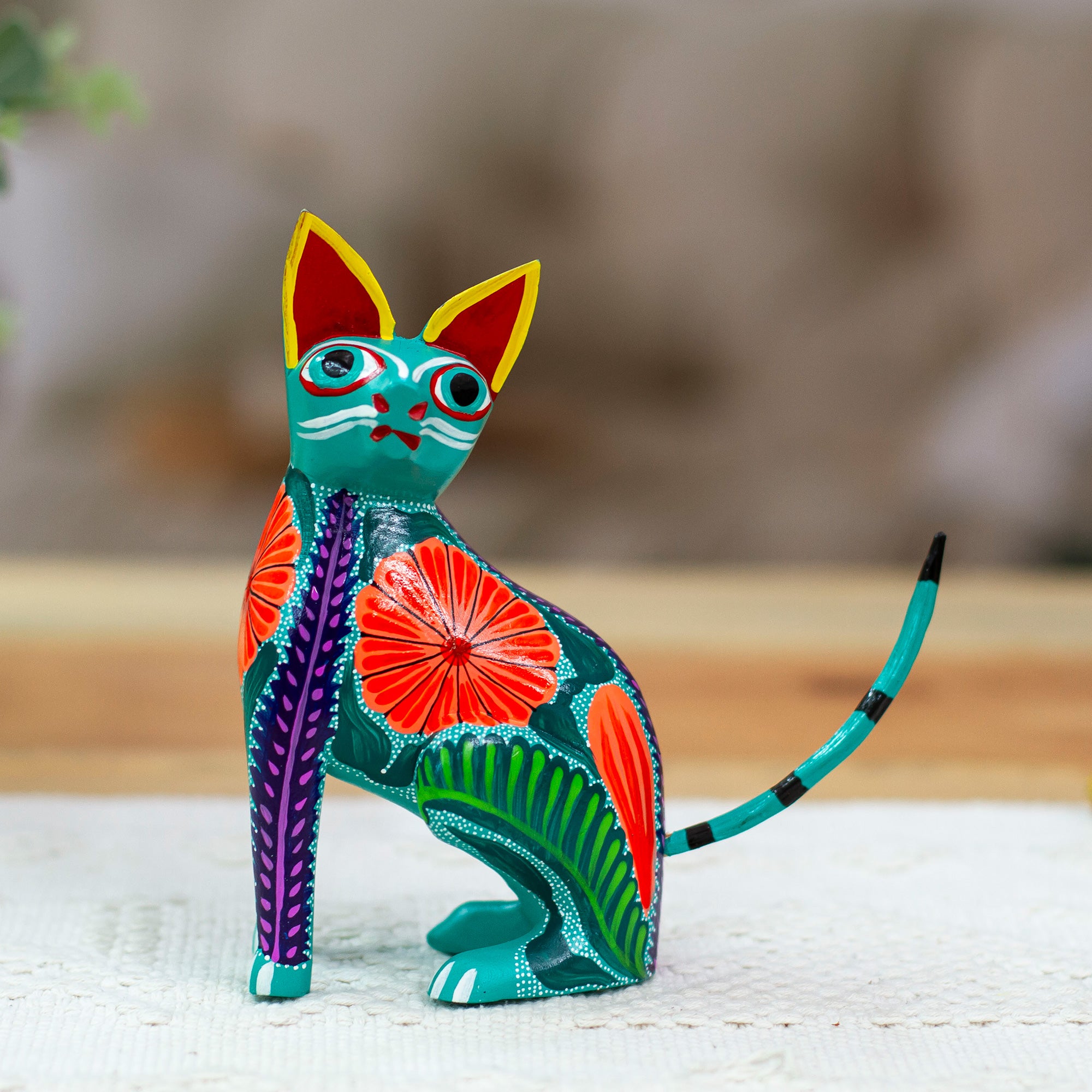 Handcrafted Copal Wood Alebrije Cat Figurine from Mexico - Floral