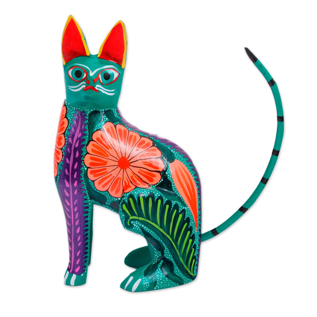 Handcrafted Copal Wood Alebrije Cat Figurine from Mexico - Floral Feline