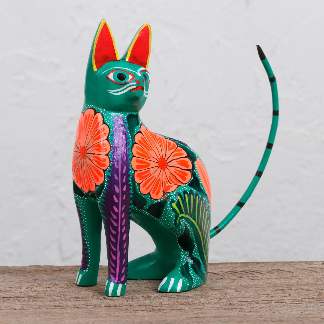 Handcrafted Copal Wood Alebrije Cat Figurine from Mexico - Floral Feline