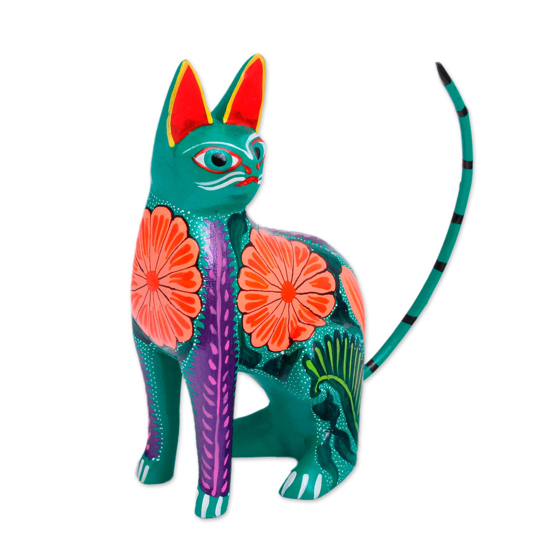 Handcrafted Copal Wood Alebrije Cat Figurine from Mexico - Floral Feline