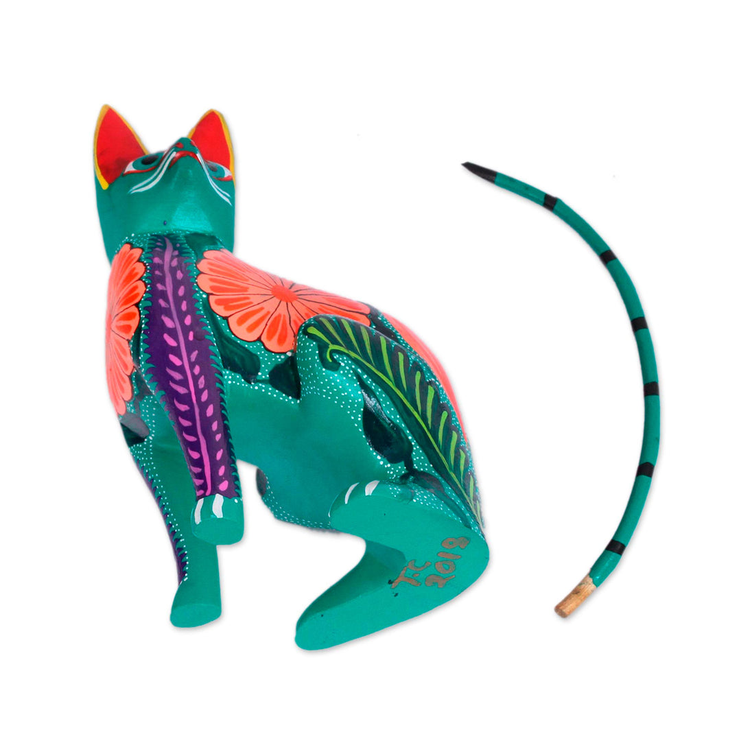 Handcrafted Copal Wood Alebrije Cat Figurine from Mexico - Floral Feline