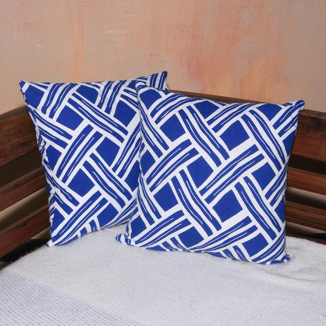 Pair of Blue and White Cotton Cushion Covers from Bali - Bedeg in Bali