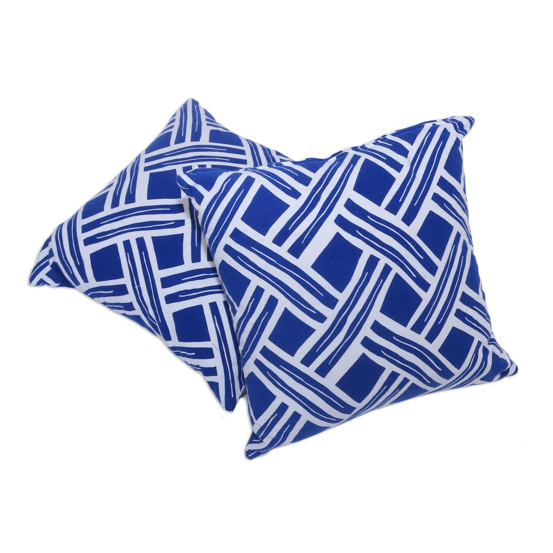 Pair of Blue and White Cotton Cushion Covers from Bali - Bedeg in Bali