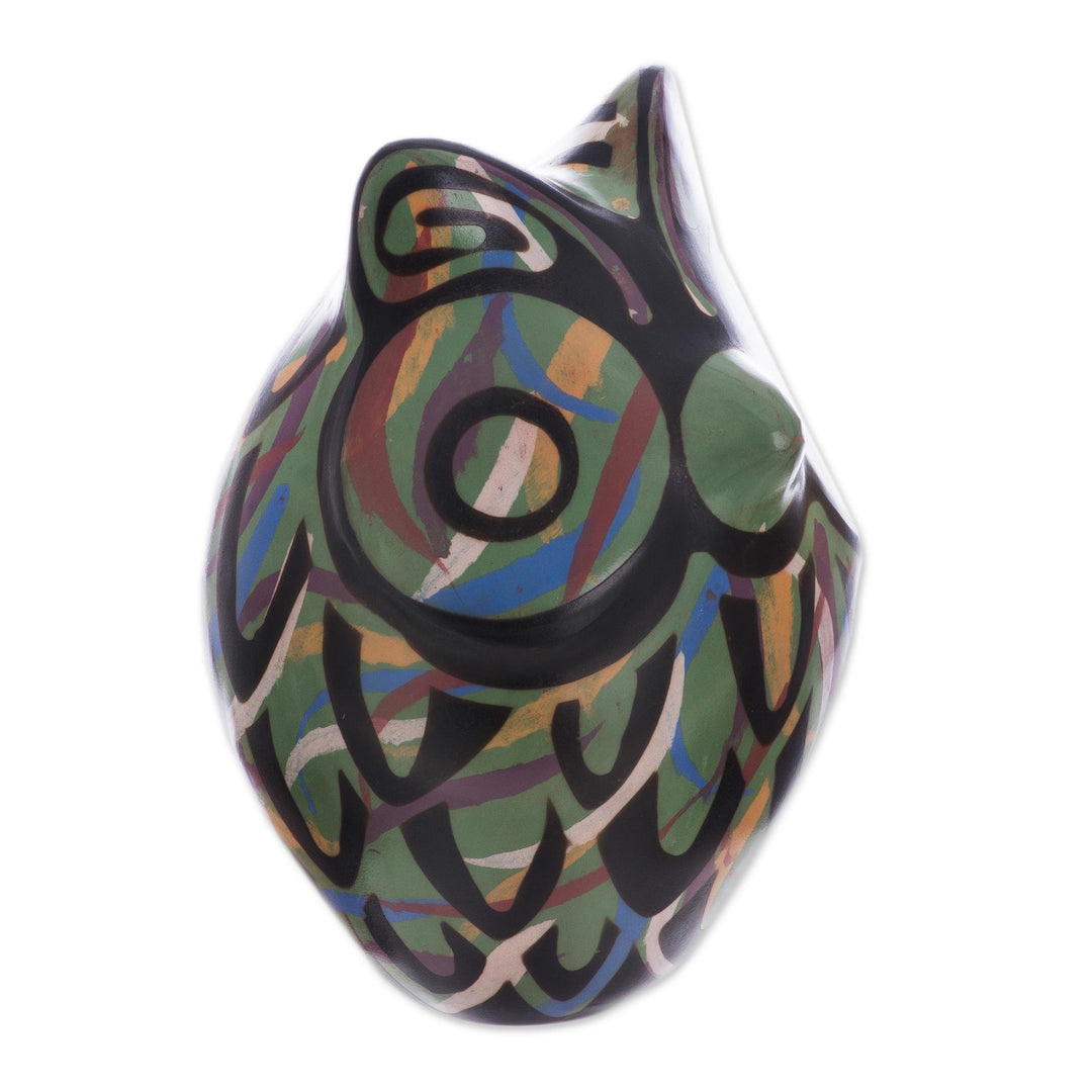 Chulucanas Ceramic Owl Figurine in Green from Peru - Green Chulucanas Sentinel
